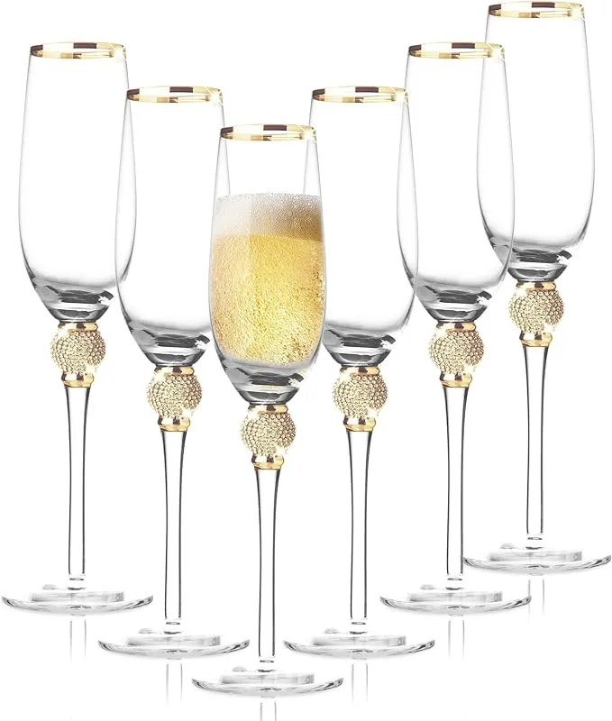 Luxurious Champagne Flutes With Dazzling Rhinestone Design And Gold Tone Rim