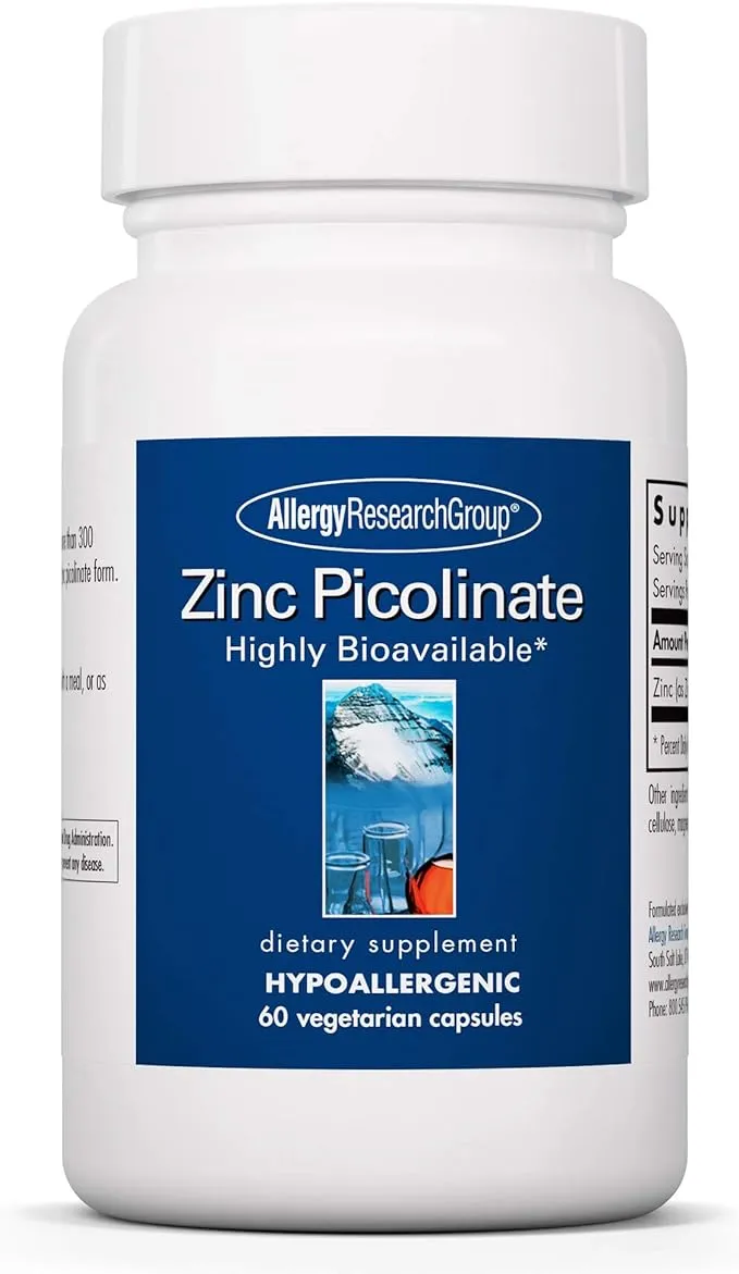 Allergy Research Group Zinc Picolinate Supplement - Supports Normal Health Immune Response, Highly Bioavailable, Well-Absorbed, Hypoallergenic, Vegetarian Capsules - 60 Count