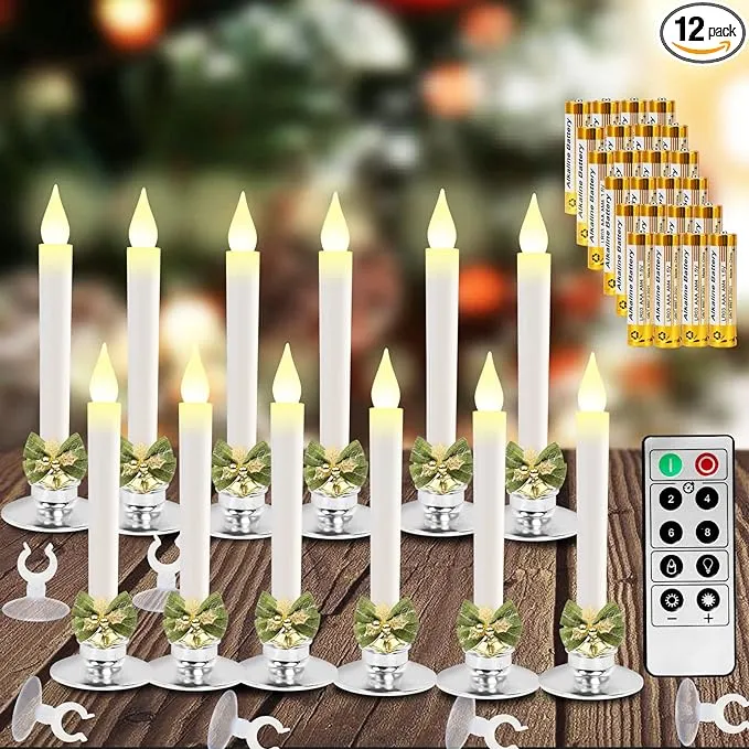 12 Pack Christmas Window Candles Lights with Timer Battery Operated Electric LED Taper Candles Flameless,Sliver Candlestick, Suction Cups,24 PCS Battery Included,Christmas Bow& Gift Box