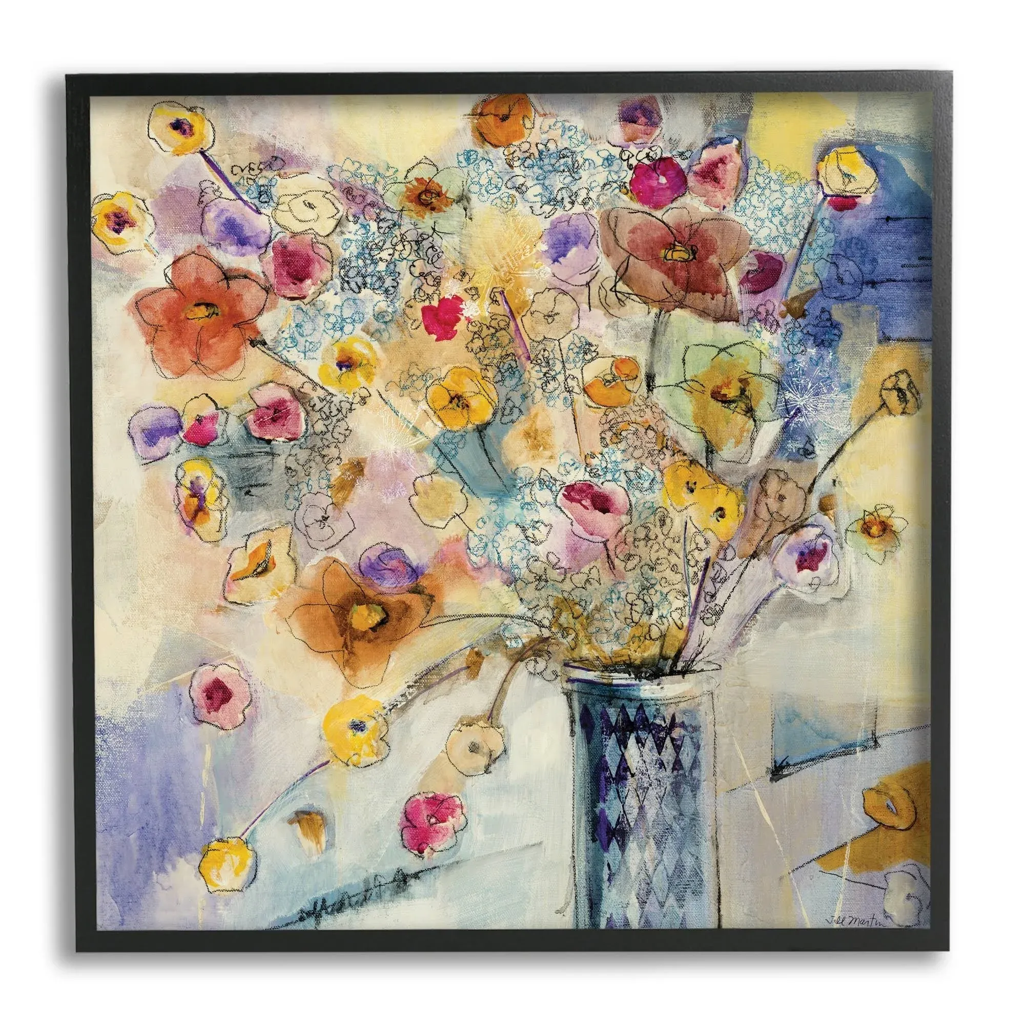 Stupell Industries Painted Flowers Line Drawing Black Framed Giclee Texturized ...