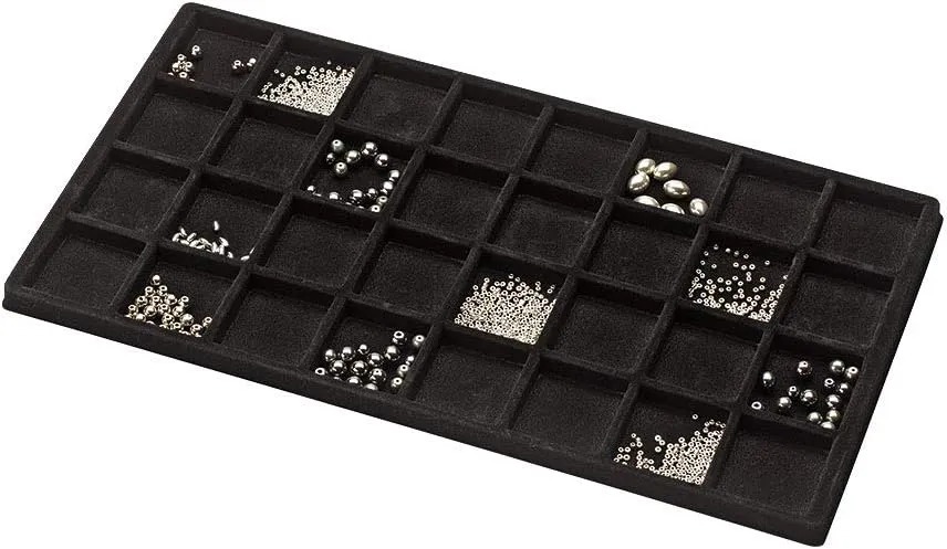 SSWBasics 32 Section Black Flocked Tray Insert - 14" L x 7-1/2"W - Set of 3- Black Flocked Compartment Tray with Insert - Multi Compartment Tray for Jewelry Display - Divided Tray for Retail and Home