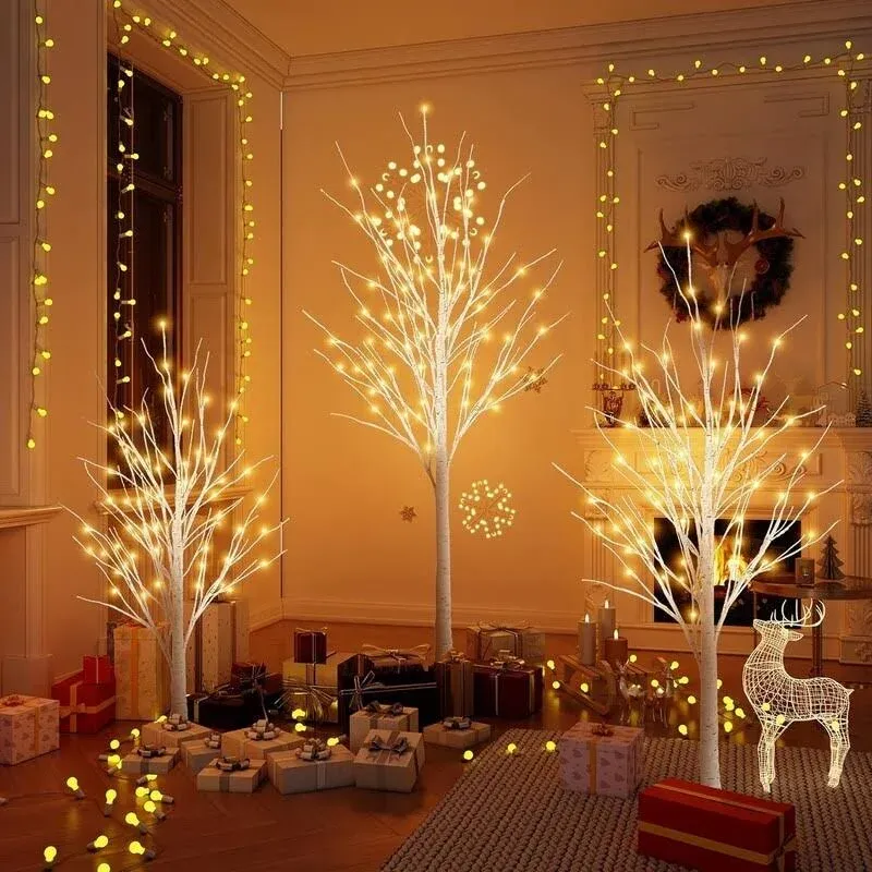 Set of 3 Lighted Birch Tree 4ft 5ft and 6ft, LED Artificial Tree with Warm LED ...