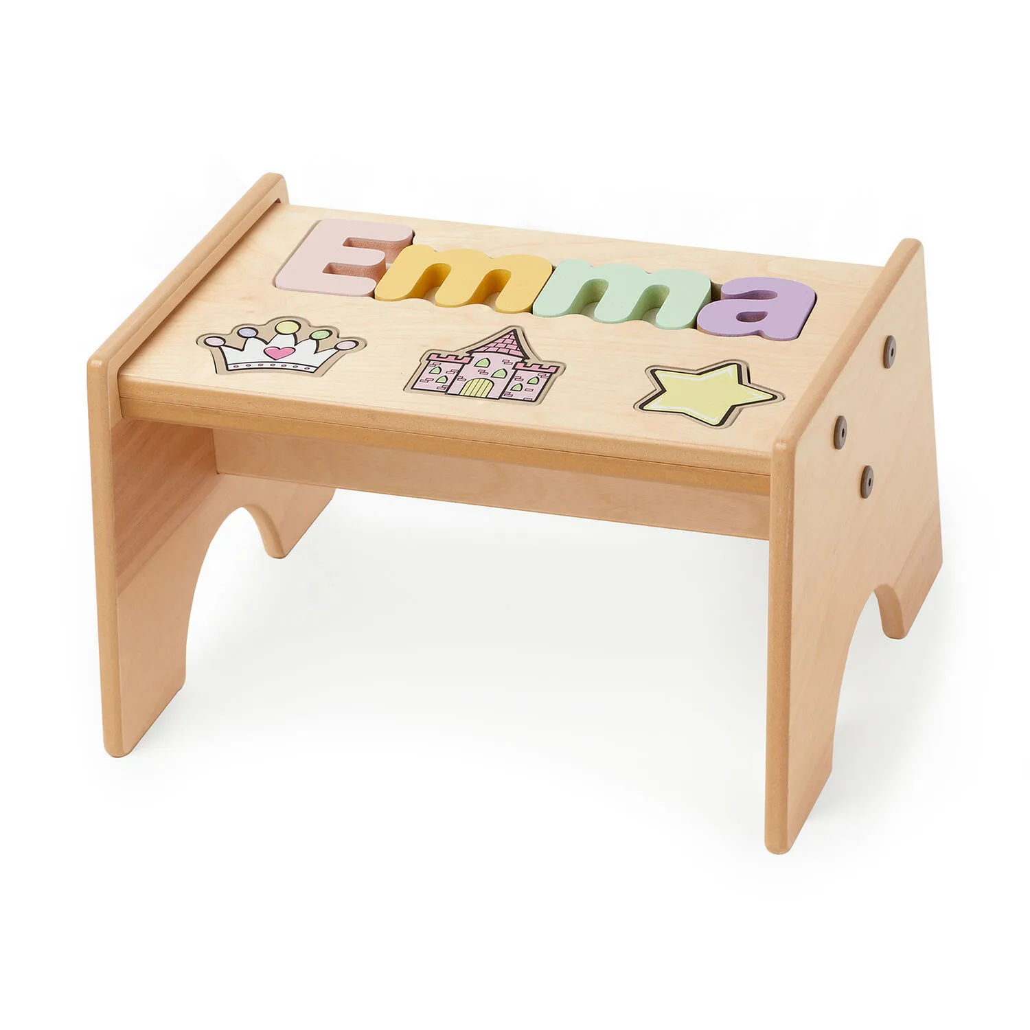 Child's Personalized Name Princess-Theme Maple-Finished Puzzle Stool - Pastel Colors