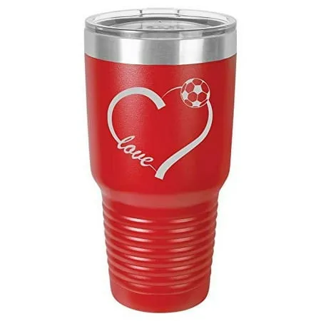 Tumbler Stainless Steel Vacuum Insulated Travel Mug Love Heart Soccer (Red 30 oz)