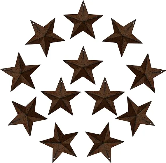 CVHOMEDECO. Primitives Rustic Antique Vintage Gifts Rusty/Black Metal Barn Star Wall/Door Decor, 3-Inch, Set of 12.