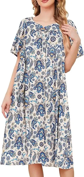 House Dresses for Women with Pockets Moo Moo Nightgown Short Sleeve Mumu Dress Lounge Dress S-4XL