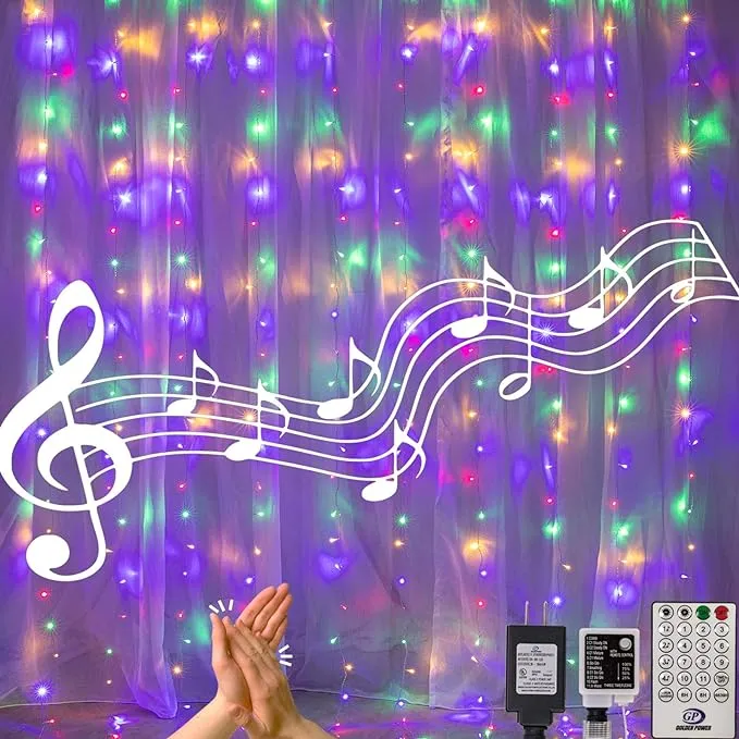 300 LED 6.6ft x 9.8ft Curtain String Light Window Fairy Lights 4 Music 11 Lighting Modes with Remote Control for Christmas Party Home Outdoor Indoor Wall Decorations(Warm & Multicolor)