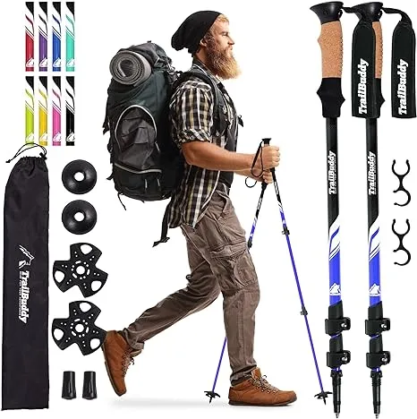 TrailBuddy Trekking Poles - Lightweight, Collapsible Hiking Poles for Backpacking Gear - Pair of 2 Walking Sticks for Hiking, 7075 Aluminum with Cork Grip