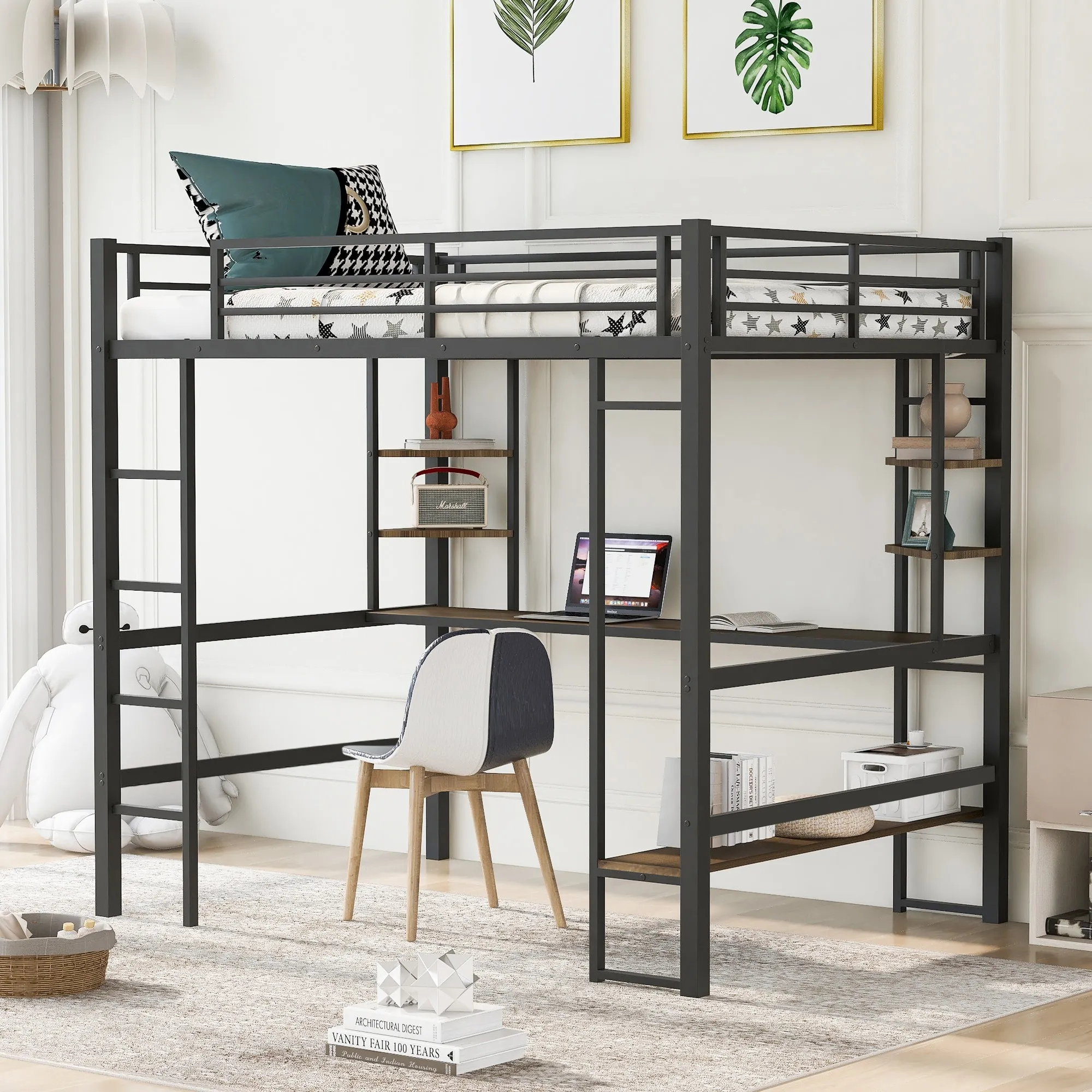 Full Size Metal Loft Bed with Long Desk & Shelves, MDF Bedframe for Kids/Teens, Adults Bedroom, Black