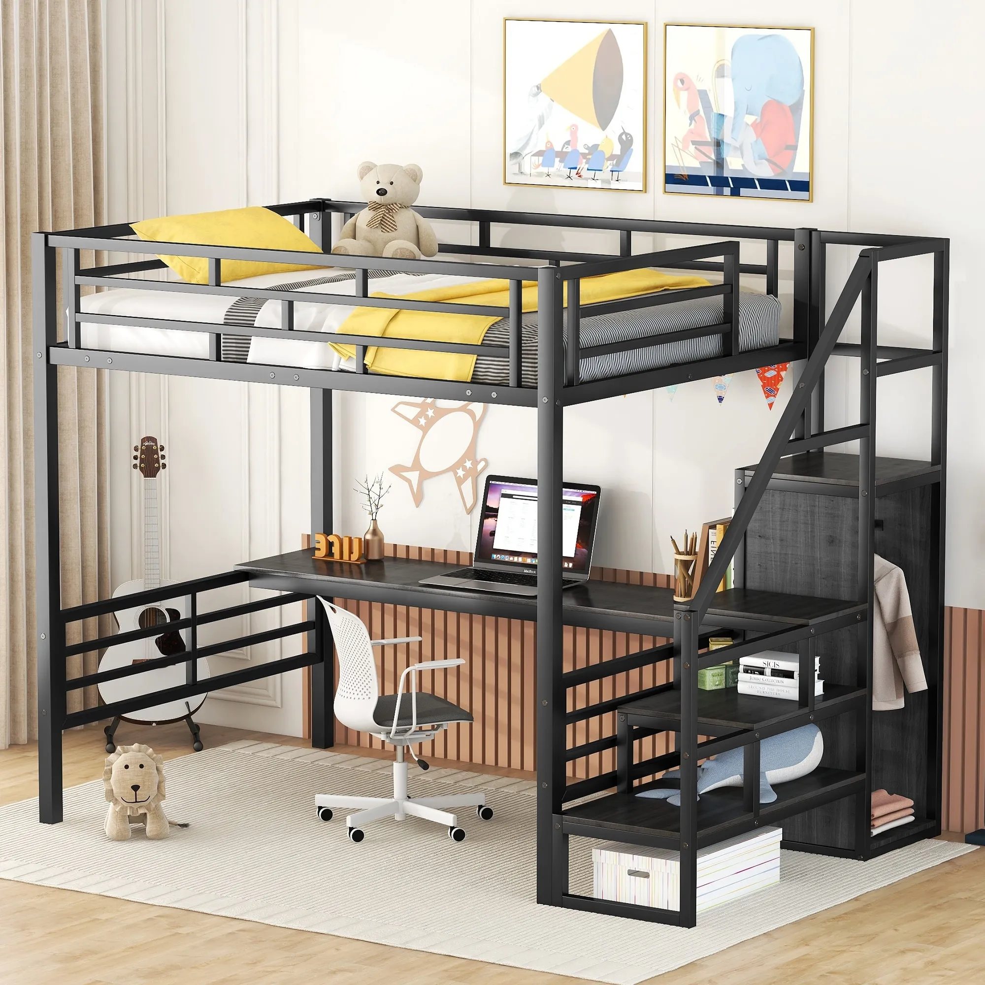 Loft Bed Frame for Kids, Teens, Full Size Metal Loft Bed with Desk, Storage Staircase and Small Wardrobe, Black