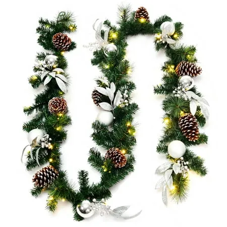 Topbuy 9FT Pre-lit Pine Christmas Garland Artificial Christmas Decoration Rattan with 50 LED Lights