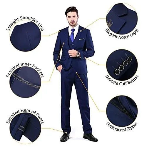 YND Men's Slim Fit 3 Piece Suit, One Button Solid Jacket Vest Pants Set with Tie