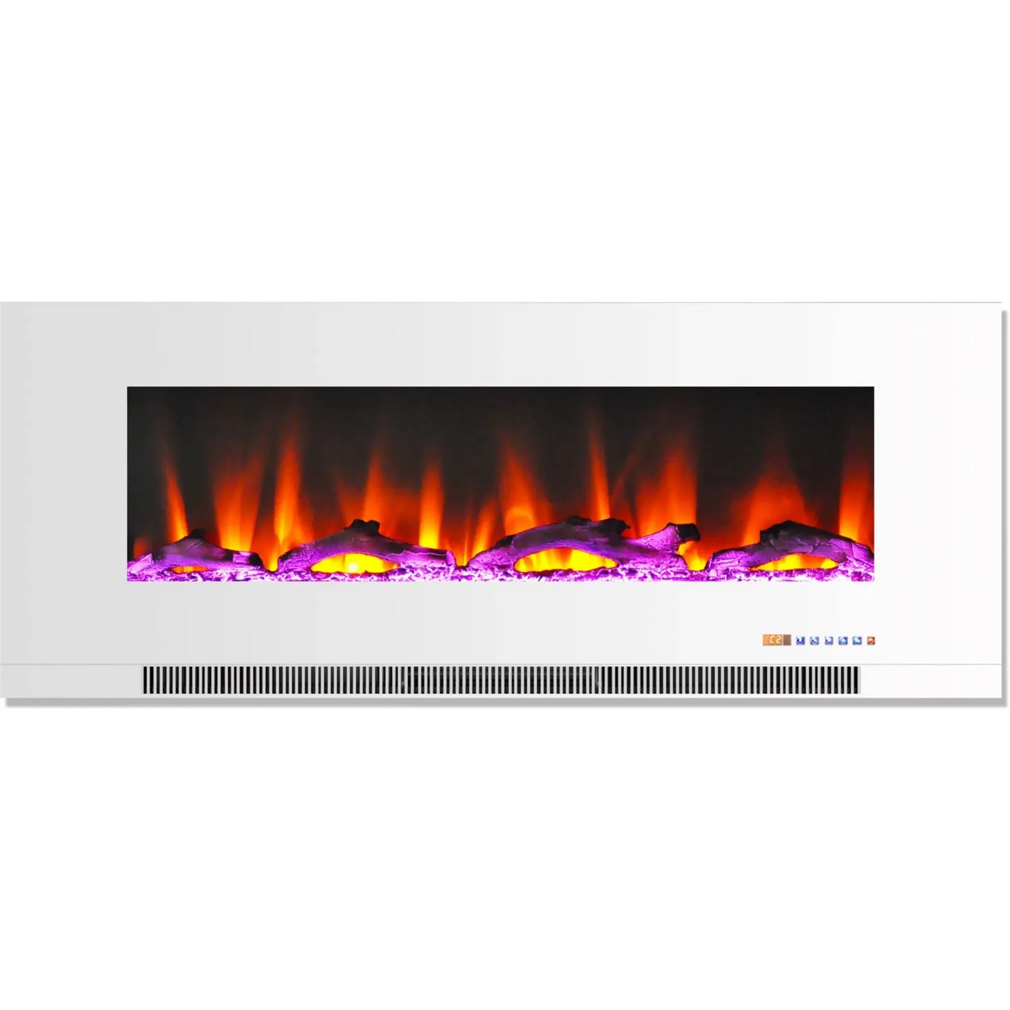 Cambridge 50 Inch Wall Mount Electric Fireplace Heater with Remote Control, Multicolor Flames, and Driftwood Log Display for Indoor Use in Living Room, Bedroom, Home Office, White