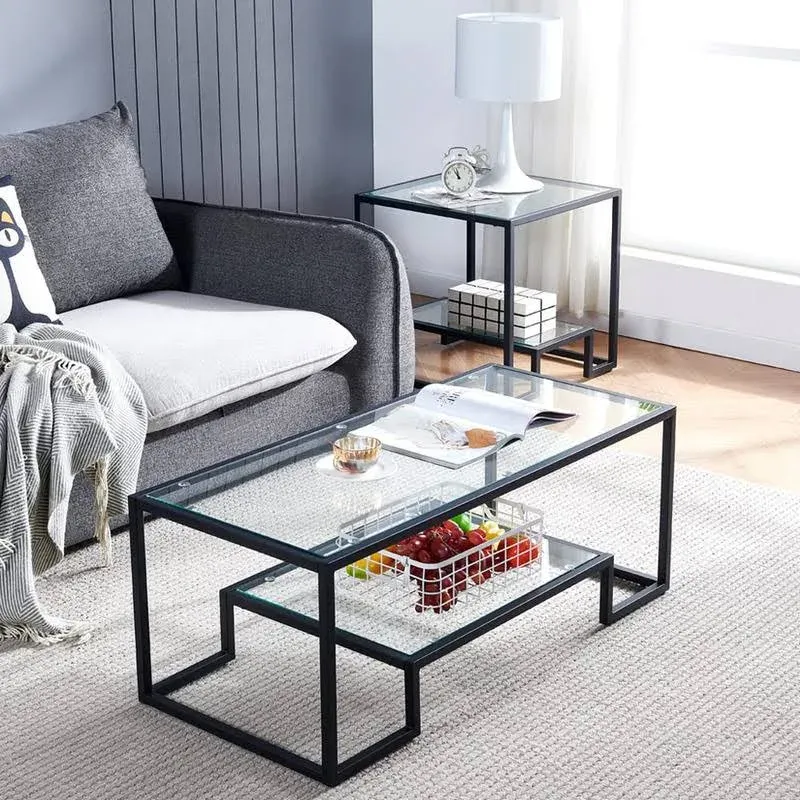 Black Metal Glass Coffee Table - Simple Center Coffee Table for Living Room Home