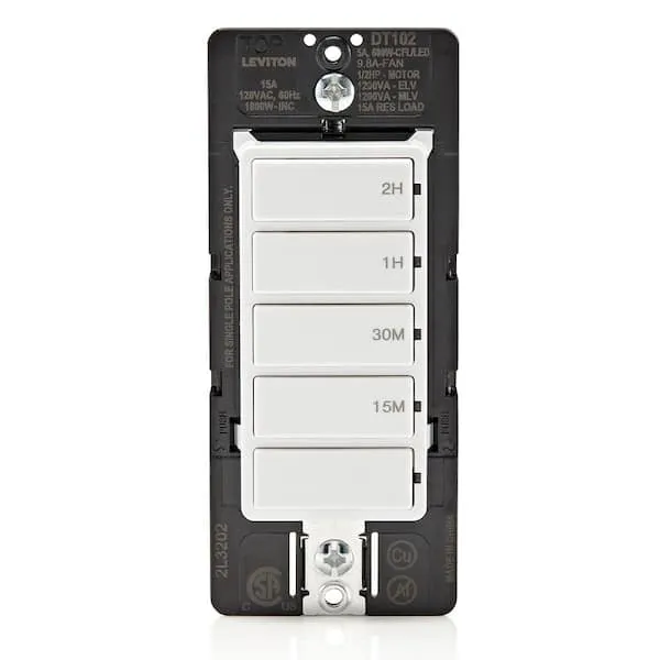 Leviton DT102-1LW Countdown Timer Switch for household lights and exhaust, 15-30 min, 1-2 hour, No Neutral Wire Required, Single Pole, 15A, 1/2HP/9.8A Fan/Motor, White, 15 Amp