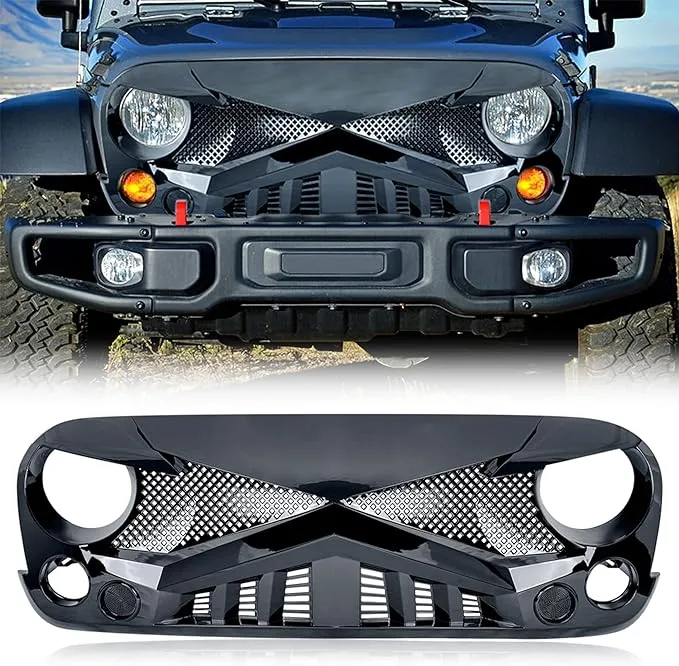 American Modified Hawke Easy Installation Aggressive Front Grille Cover for 2007 to 2018 Jeep Wrangler JK, Glossy Black