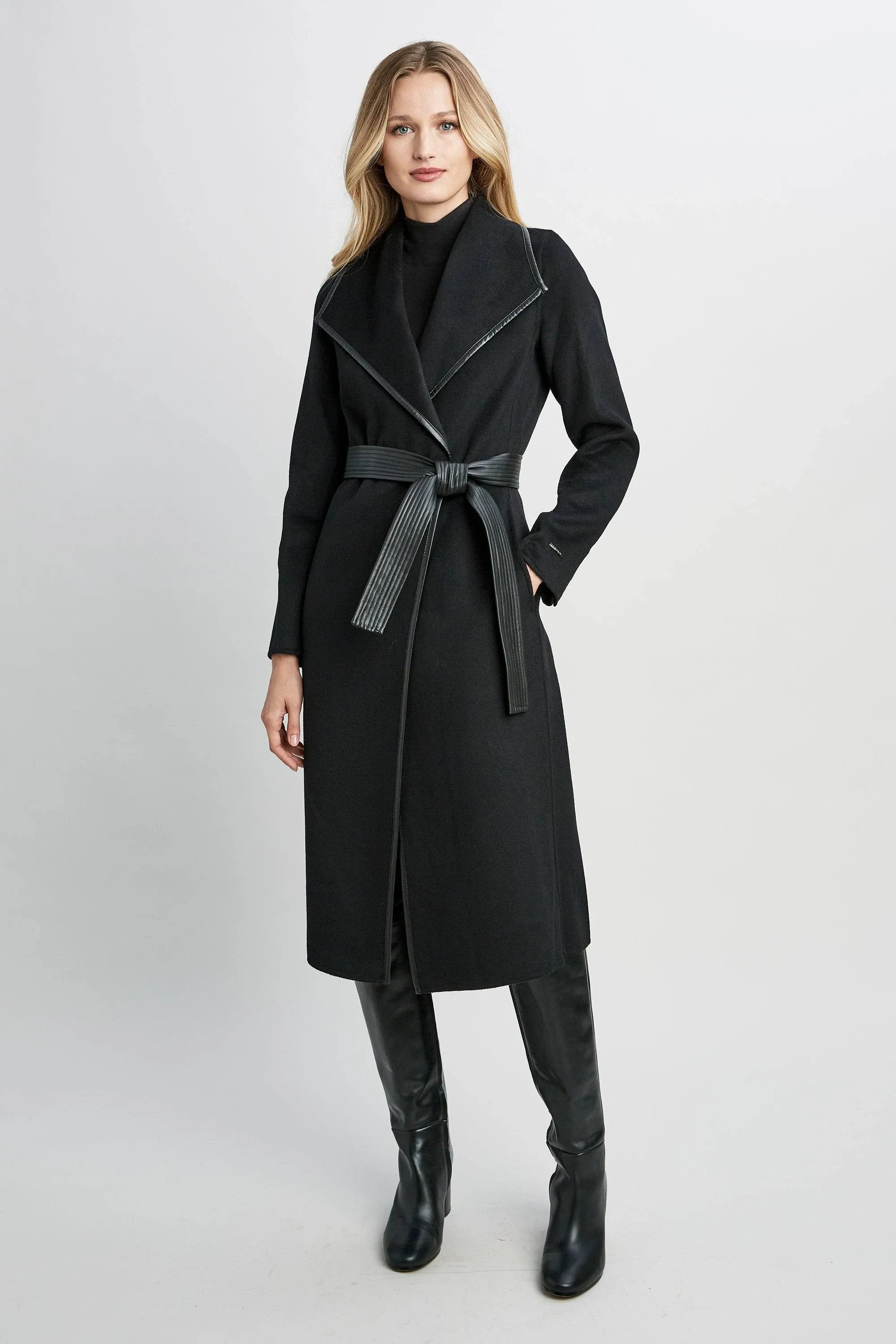 Tahari Womens Faux-Leather-T<wbr/>rim Belted Wrap Coat No Belt