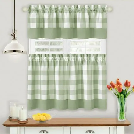 Kate Aurora Modern Country Farmhouse 3 Piece Plaid Cafe Kitchen Curtain Tier & Valance Set - Assorted Colors