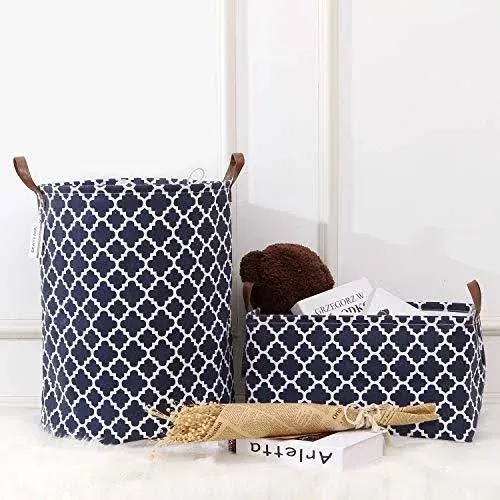 Sea Team Moroccan Lattice Pattern Canvas Fabric Storage Basket Collapsible Geometric Design Storage Bin with Drawstring Cover and PU Leather Handles