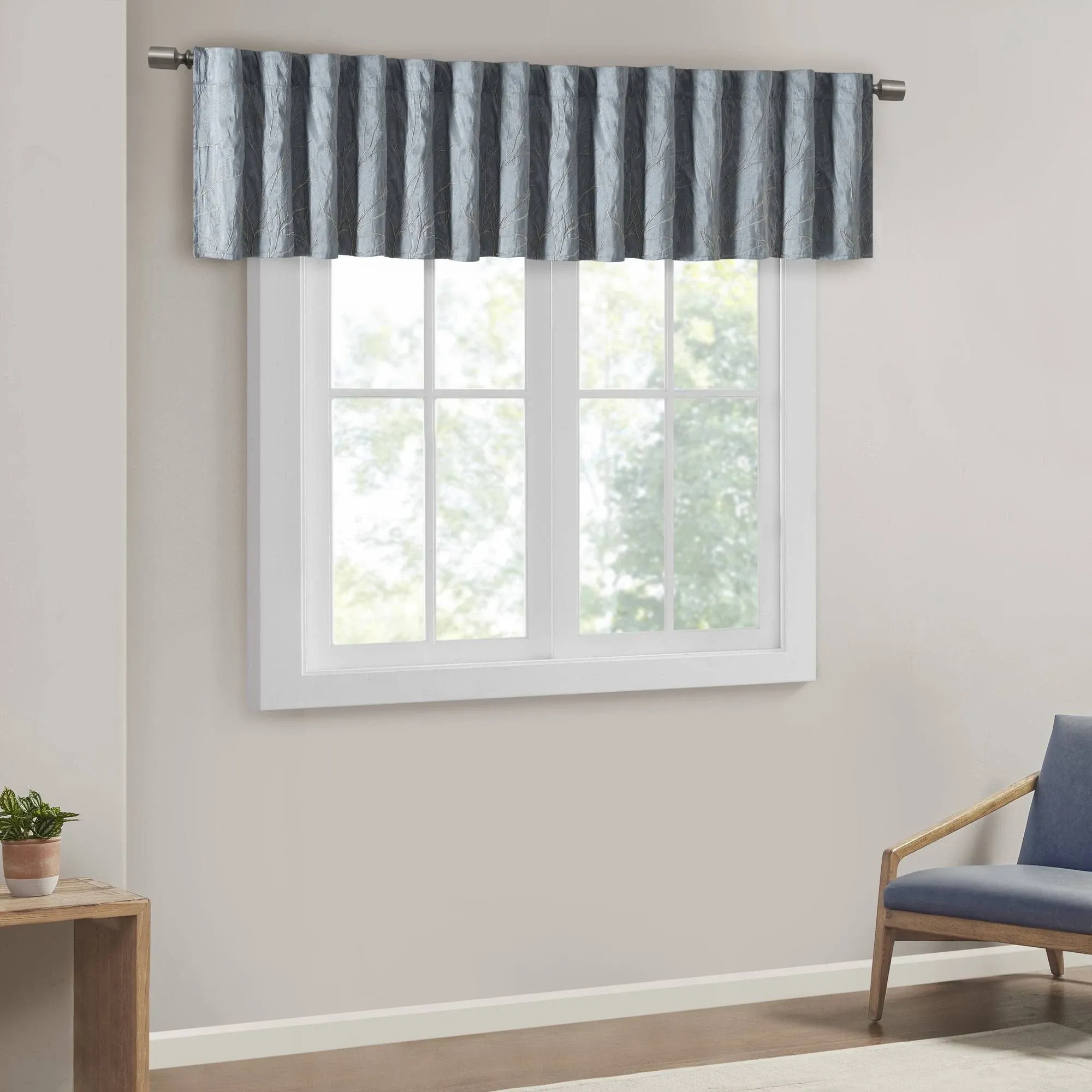 Madison Park Andora Faux Silk Embroidered Window Valance, Blue