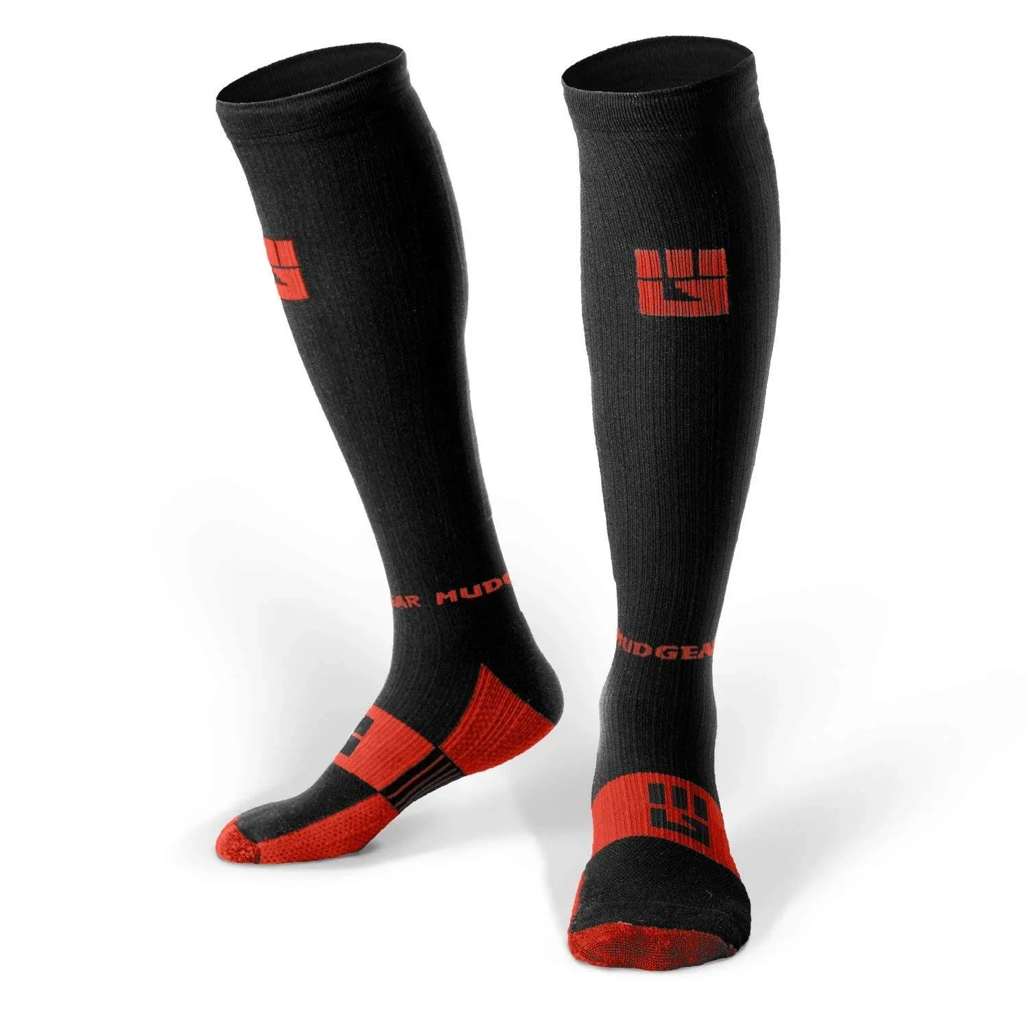 MudGear Premium Compression Socks - Run, Hike, Trail, Recovery (Black/Orange-<wbr/>L)