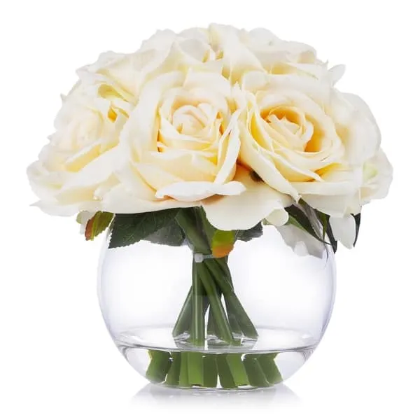 Enova Home 10 Heads Artificial Silk Roses Fake Flowers Arrangement in Round Clear Glass Vase with Faux Water for Home Decoration