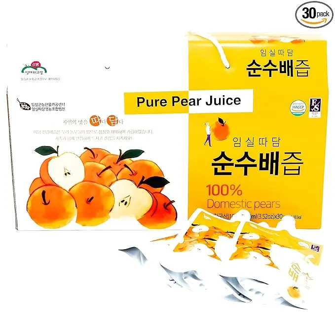 Korea Ttadam Pure Pear Juice, 3.52oz (100 ml) per Pack, 30 Pack per Box