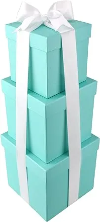 HOMEFORD Nested Square Gift Boxes, Robin's Egg Blue, 5-inch, 6-inch, 7-inch, 3-piece, 1.5-inch White Satin Ribbon