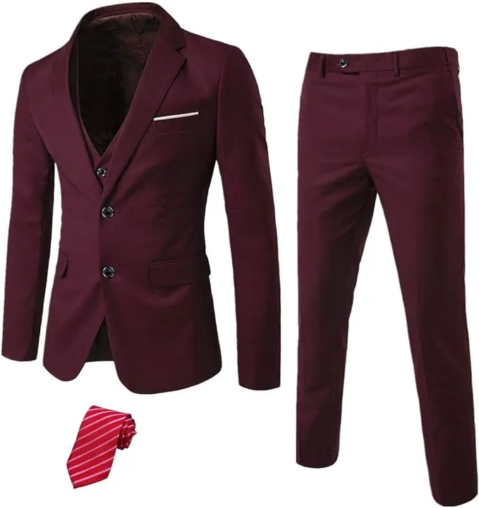 MY'S Men's 3 Piece Slim Fit Suit Set, 2 Button Blazer Jacket Vest Pants with Tie, Solid Wedding Dress Tux and Trousers