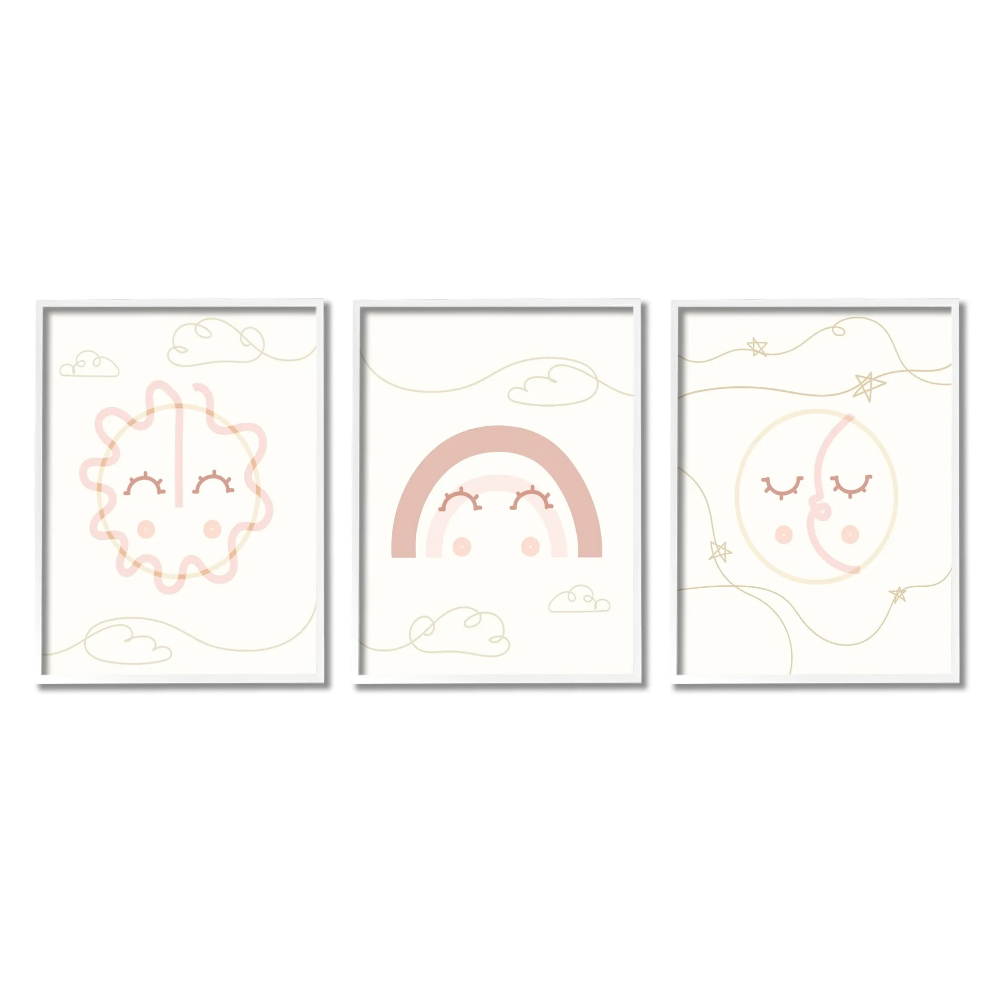 Stupell Cute Celestial Doodle Sun Moon Stars Smile Happy Face Framed 3 Piece Wall Art - Pink