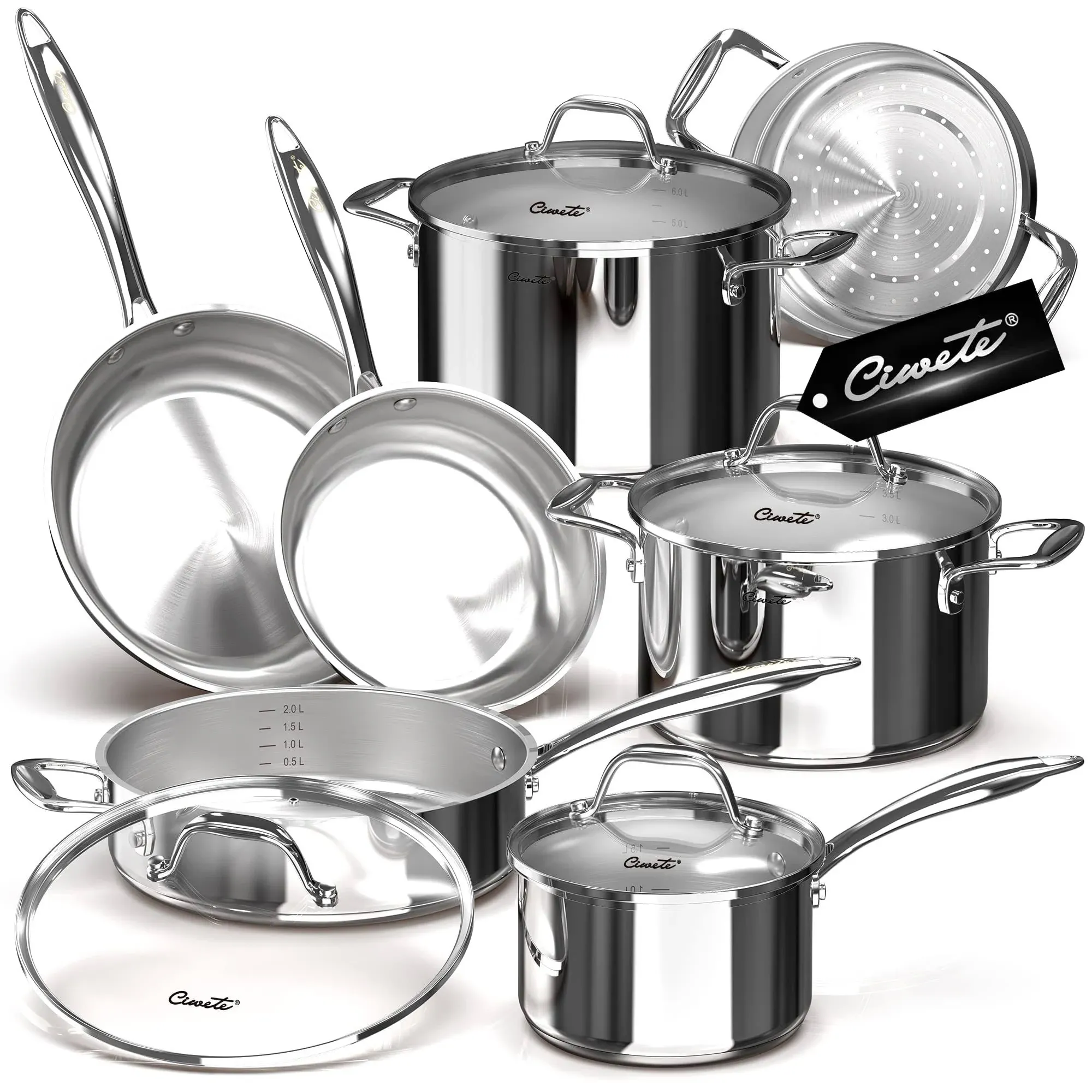 Ciwete Tri-Ply Stainless Steel Pots and Pans Set 11-Pc, 18/10 Stainless Steel ...