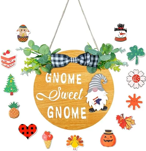 Interchangeable seasonal Gnome decor welcome sign, Goldasong 12 Inches Gnome season decoration, Wooden Sign with Buffalo Plaid Bow, thanksgiving Wreath (Brown)