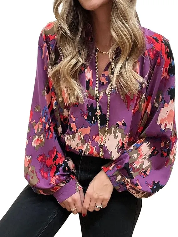 BTFBM Women&#039;s Casual Boho Blouse Tops Abstract Print V Neck Loose Lantern Long S