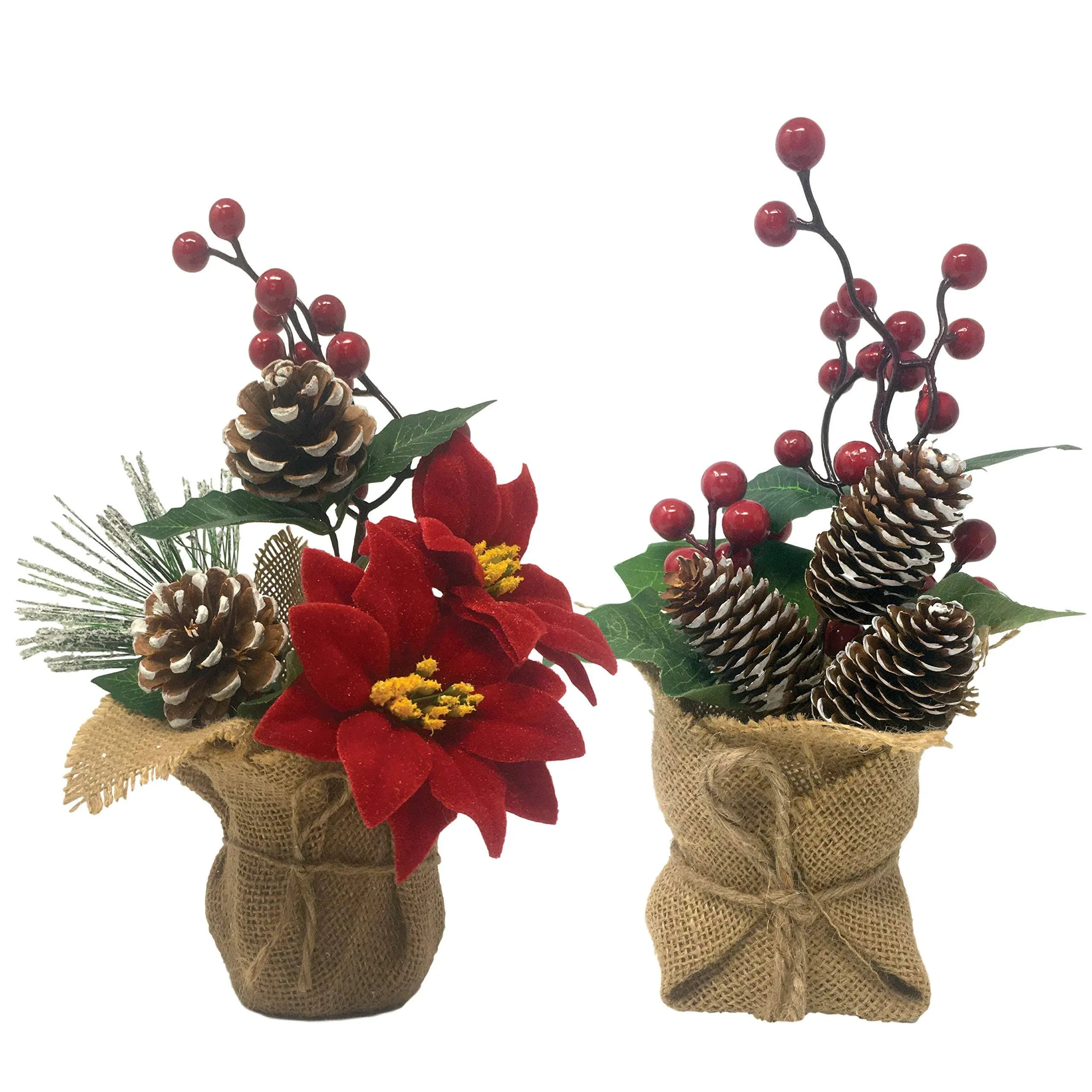 Potted Christmas Floral Table Top Arrangements - Set of 2 - Pinecones - Berries - Pine Greenery - Burlap Covered Pots  #3384