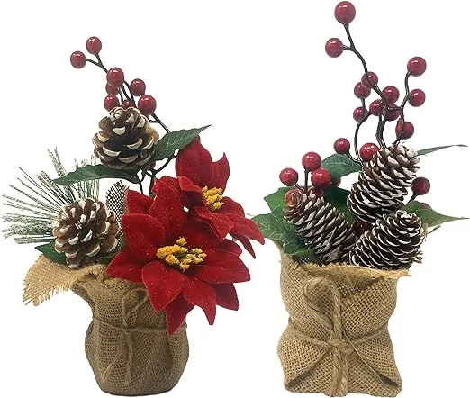 Potted Christmas Floral Table Top Arrangements - Set of 2 - Pinecones - Berries - Pine Greenery - Burlap Covered Pots  #3384