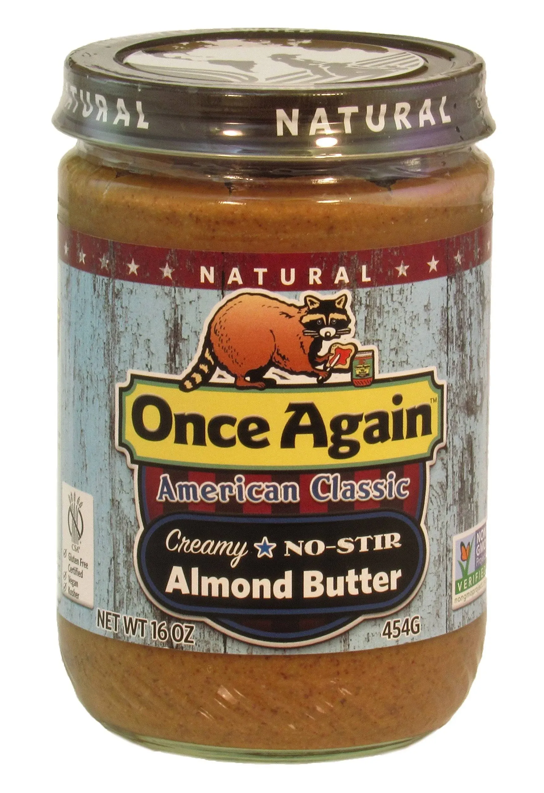 Once Again Natural Creamy Almond Butter, 16oz - American Classic, No Stir - Salt Free, Unsweetened - Gluten Free Certified, Peanut Free, Vegan, Kosher, Paleo - Glass Jar (1 Pack)