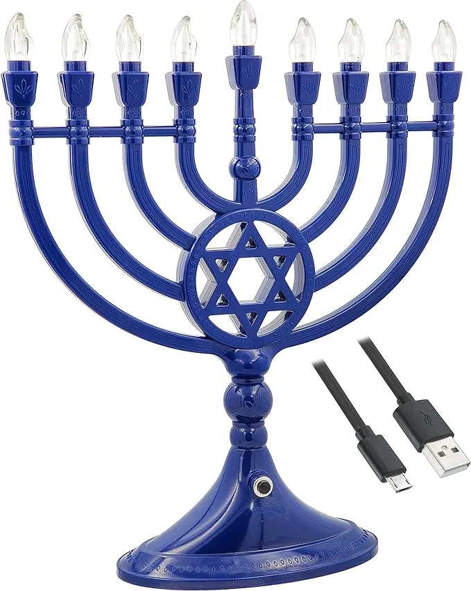 Traditional LED Electric Blue Hanukkah Menorah - Battery or USB Powered - Includes a Micro USB 4' Charging Cable