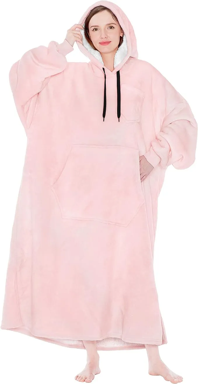 PAVILIA Blanket Hoodie for Women Pink, Sherpa Wearable Blanket Men, Cozy Oversized Sweatshirt Blanket, Warm Fleece Hooded Blanket Sweater with Sleeves