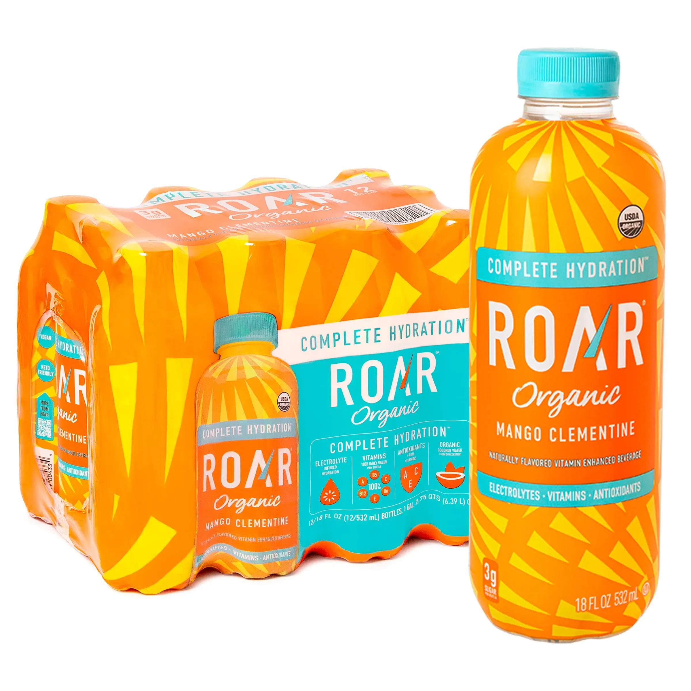 Roar Complete Hydration Vitamin Enhanced Beverage, Organic, Mango Clementine - 12 pack, 18 fl oz bottles