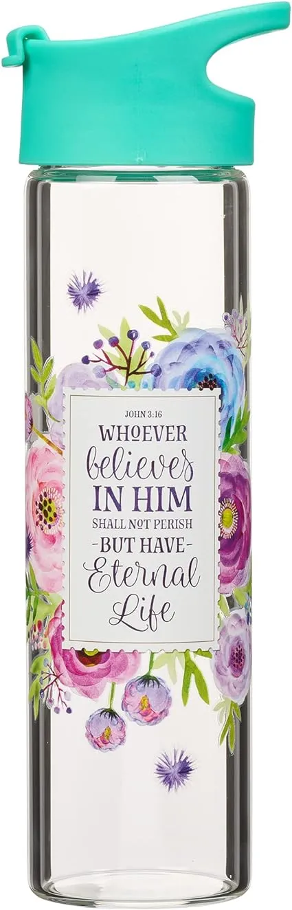 Christian Art Gifts Glass Water Bottle Whoever Believes In Him John 3:16 Floral, 20oz, Turquoise