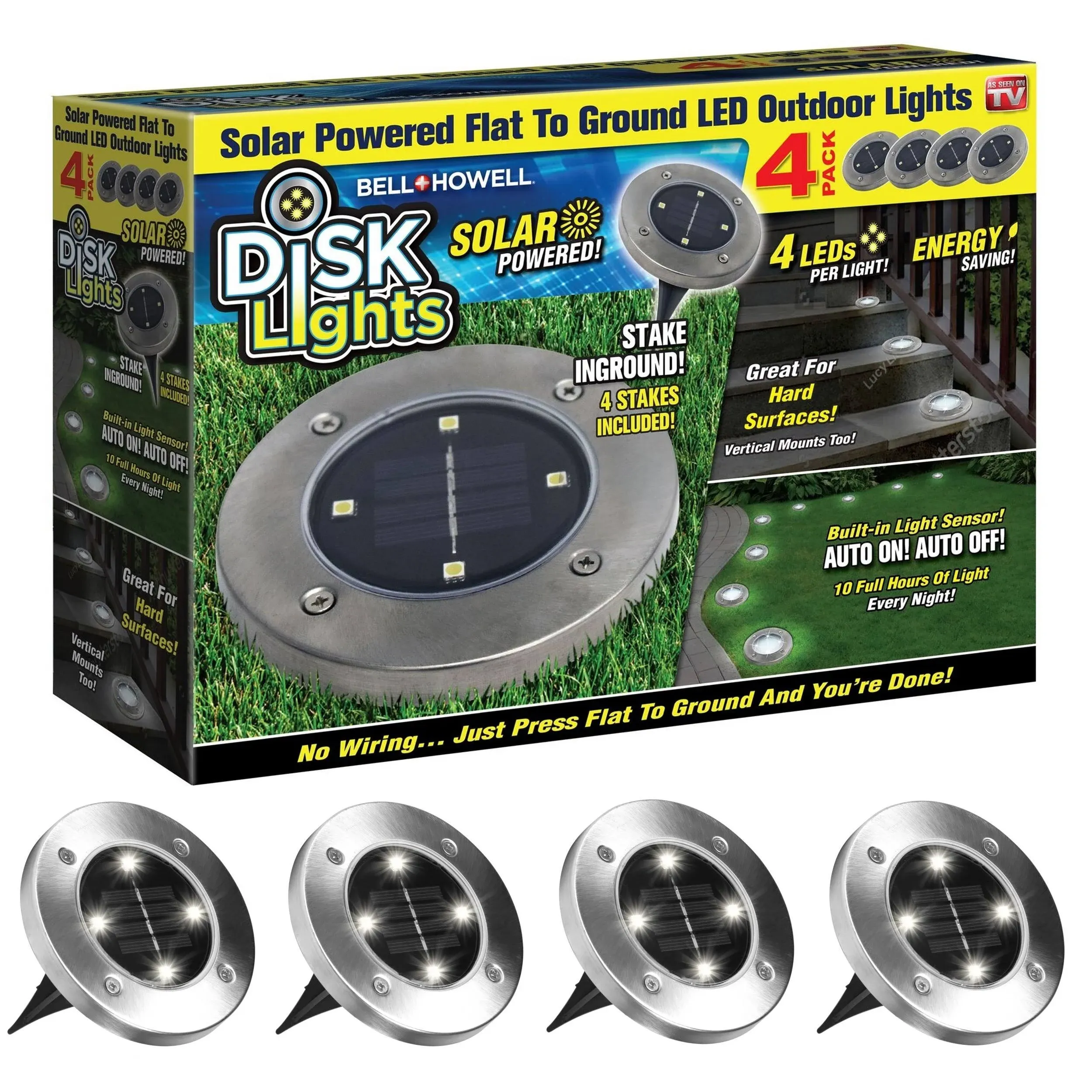 Bell+Howell Disk Lights Solar Ground Lights -Wireless Auto On/Off Solar Pathway Garden Outdoor Lighting with 4 LED Bulbs for Lawn, Patio, Garden, Yard, Pathways Waterproof, 4 Packs, As Seen On TV