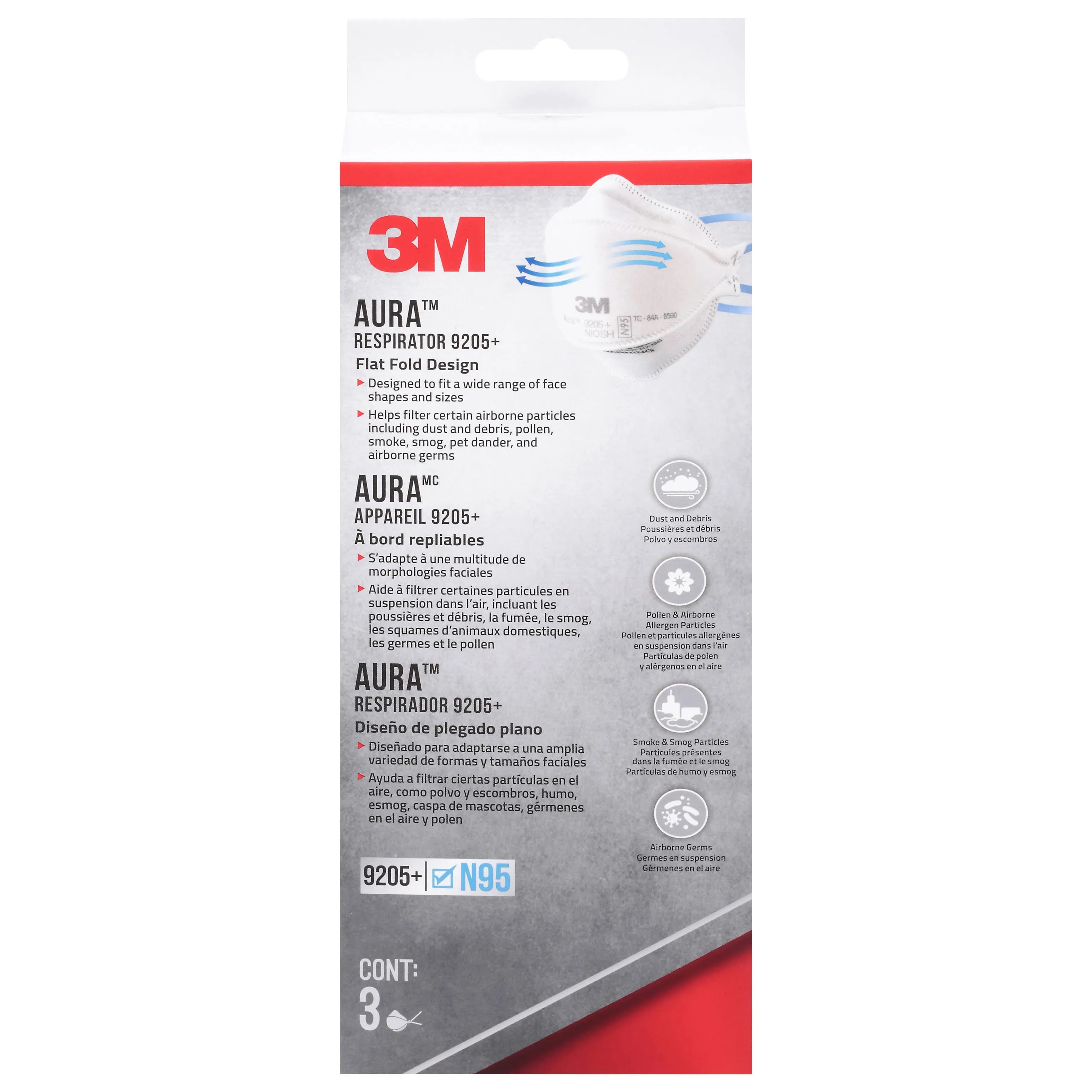 3M Aura N95 Particulate Respirator 9205+, White, 3 Disposable Particulate Respirators