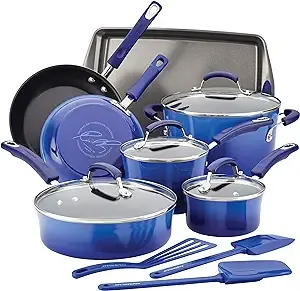 Rachael Ray Brights Nonstick Cookware Pots and Pans Set, 10 Piece, Marine Blue