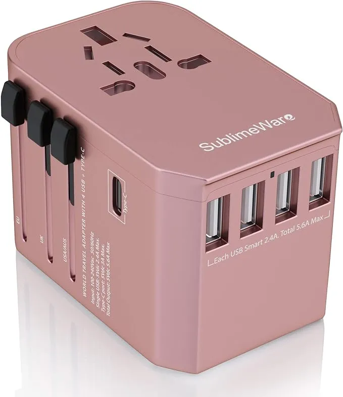 Power Plug Adapter - International Travel (w/5 USB Ports and USB Type C)- Work 150+ Countries - 220 Volt Adapter - Travel Adapter - Type C A G I A/C - UK Japan China Europe