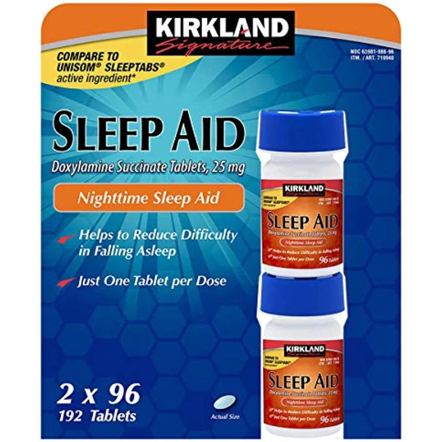 Kirkland Signature Nighttime Sleep Aid (Doxylamine 96 Count (Pack of 4) 