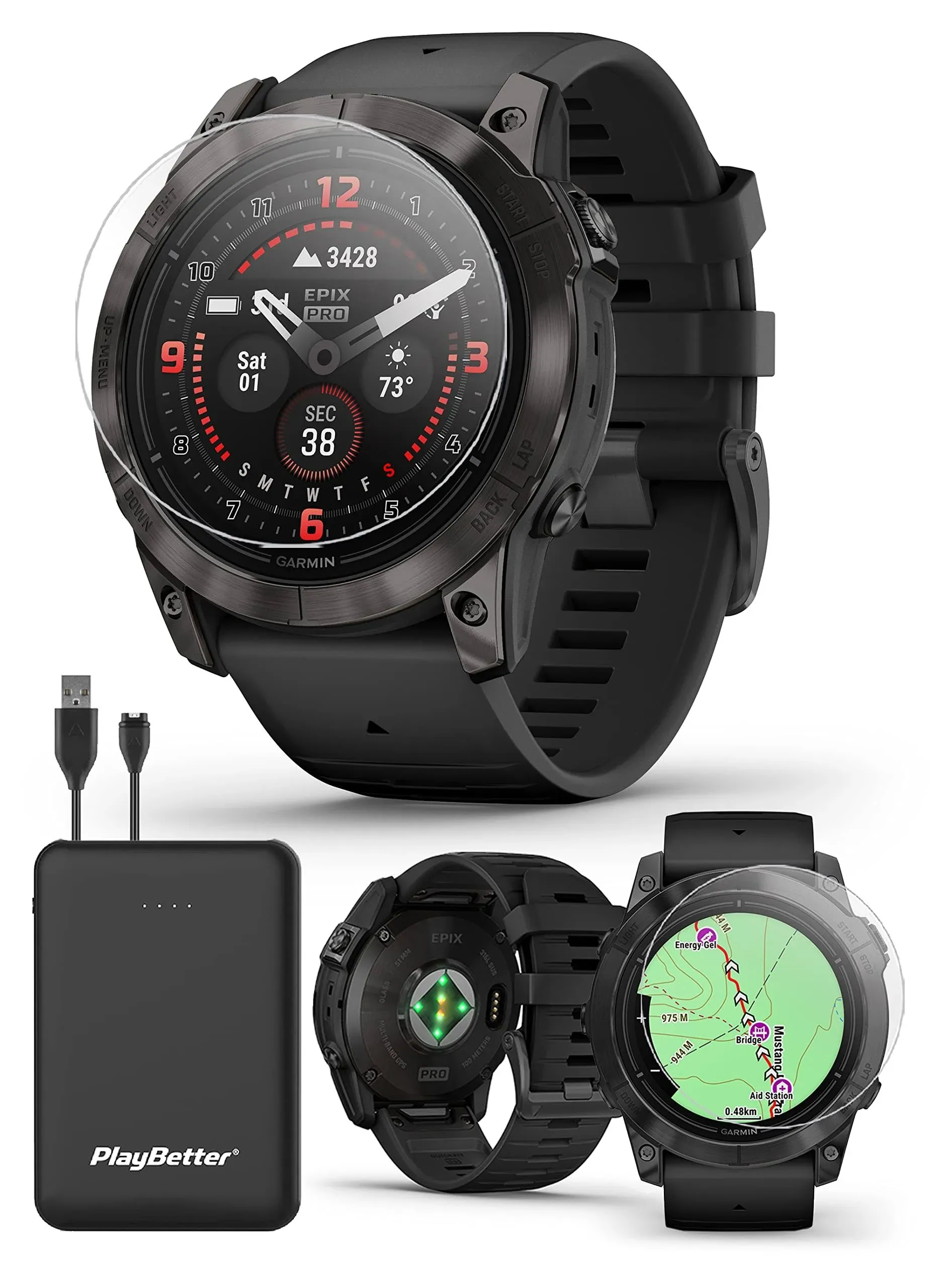 Garmin Epix Pro (Gen 2) Sapphire 51mm (Carbon Gray DLC Titanium/Black) Multisport AMOLED GPS Smartwatch | Bundle with PlayBetter Screen Protectors &