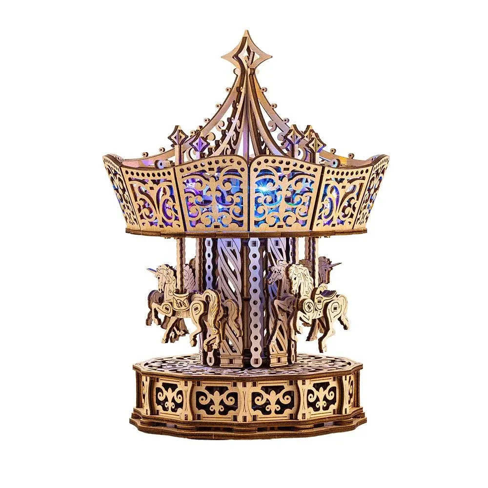 Wood Trick Parisian Carousel Music Box Rotating with Backlit - 3D Wooden Puzzles ...