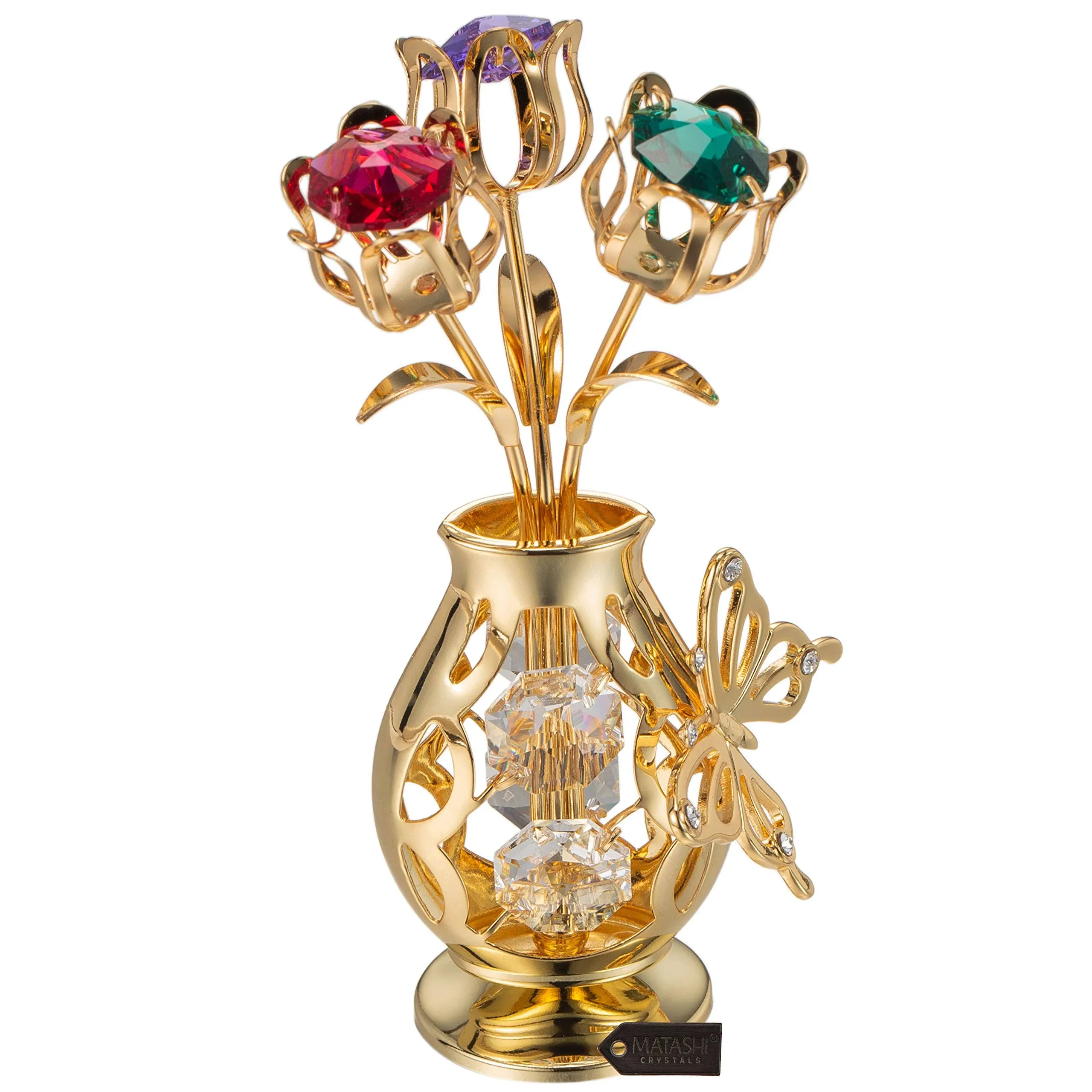 24k Gold Plated Flowers Bouquet &amp; Vase w/ Colorful Matashi Crystals,Butte<wbr/>rfly