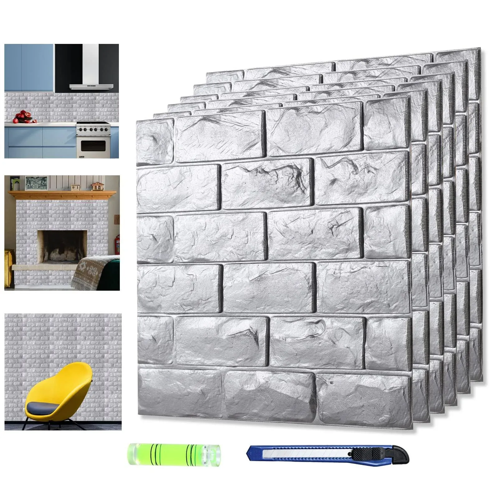 Circloophs 30 Pcs 3D Wall Panels Stick and Peel Silver Brick Printable Faux ...