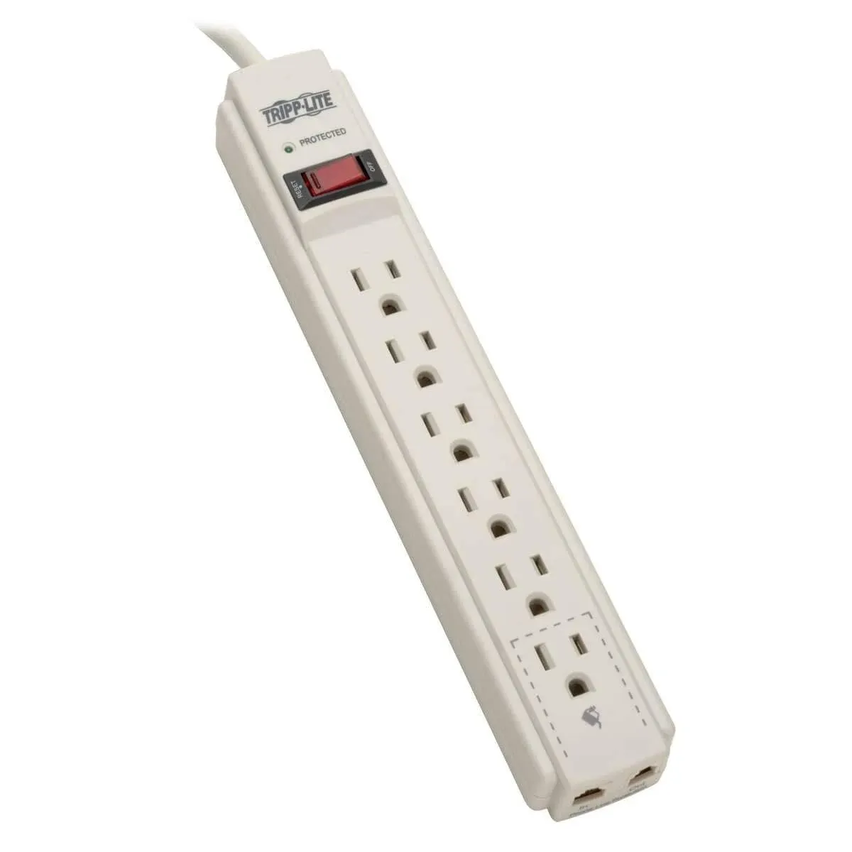 Tripp Lite 6 Outlet Surge Protector Power Strip, 4ft Cord, Tel/Fax/Modem Protection, RJ11, $20,000 INSURANCE (TLP604TEL), Gray